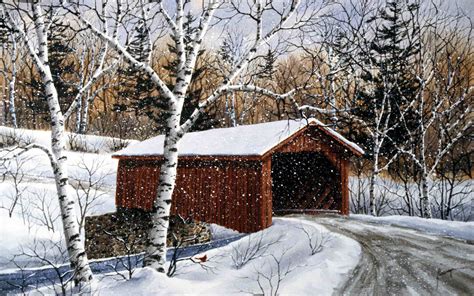 Red Bridge Lane ~ Kathy Glasnap | Covered bridge painting, Winter ...