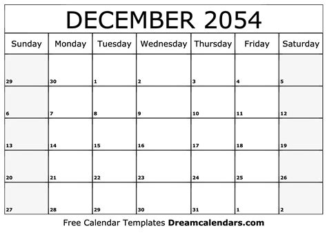 December 2054 Calendar - Free Printable with Holidays and Observances