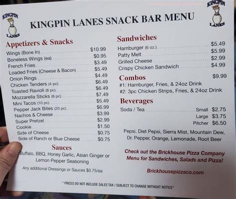 Menu at Kingpin Lanes & Brickhouse Pizza Company pub & bar, Bridgeton