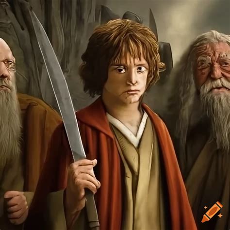 Bilbo baggins and the dwarves standing with swords