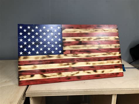 American Wooden Flag 36x19.5 Burnt Natural Red stripes • Cosmic Frogs Vinyl