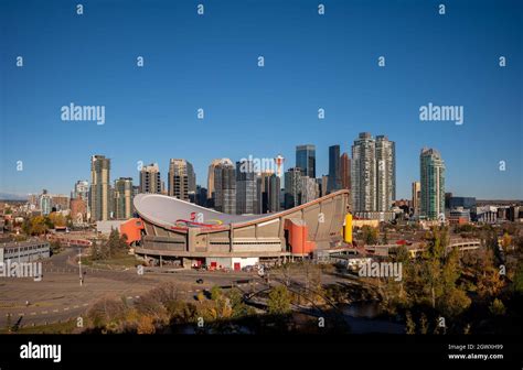 Exterior facade and detail of the Scotiabank Saddledome. Home of the ...