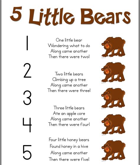 5 Little Bears poem | Preschool ... | Preschool songs, Classroom songs, Kindergarten songs