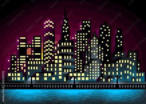 Pixel art city landscape vector illustration. Cityscape at night wallpaper. Stock Vector | Adobe ...