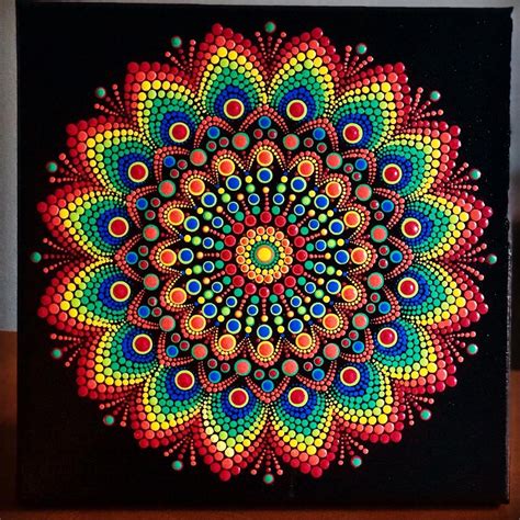 Rainbow burst dot Mandala on black stretched canvas 10" x 10" in red ...