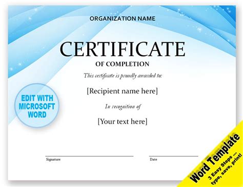 CERTIFICATE Editable Word Template, Printable, Instant Download YOU ...