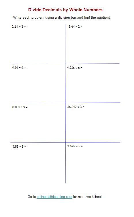 Dividing Decimals by Whole Numbers (examples, solutions, videos ...