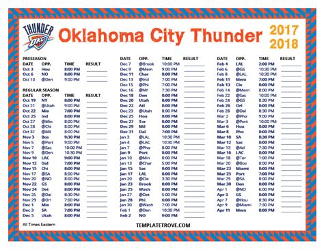 Printable 2017-2018 Oklahoma City Thunder Schedule