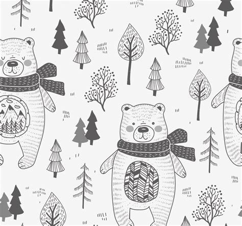 Cute bear and hand drawn forest Wallpaper - TenStickers