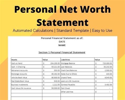 Personal Net Worth Statement Template Excel Download Automated ...