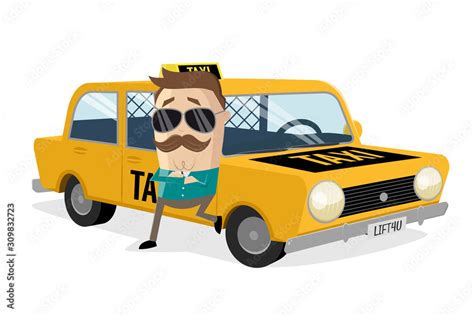 funny cartoon illustration of a taxi driver leaning on his car Stock ...