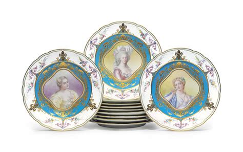 ELEVEN SEVRES STYLE PORCELAIN 'JEWELED' TURQUOISE-GROUND PORTRAIT PLATES , LATE 19TH CENTURY ...