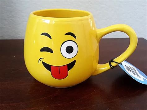 EMOJI EMOTICON COFFEE Mug Crazy Face Cheeky Wink Tongue Yellow Ceramic ...