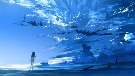 HD wallpaper: sky, blue, clouds, anime, anime girls, sea, nature, women ...