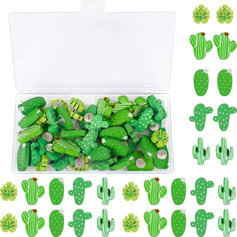 40 Pcs Wooden Push Pins, Decorative Cactus Thumb Tacks Stainless Steel Point for Maps Photos ...
