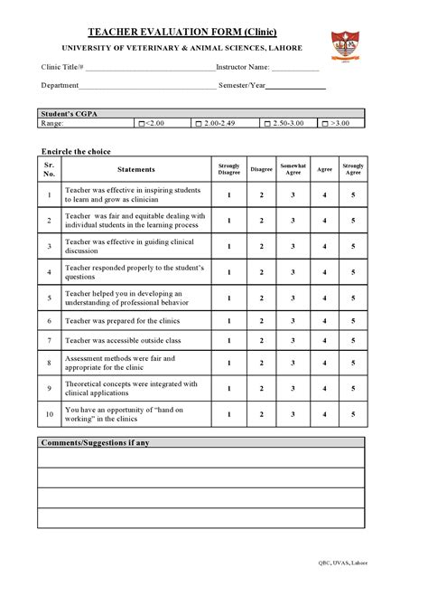 Student Evaluation Form For Teachers Template