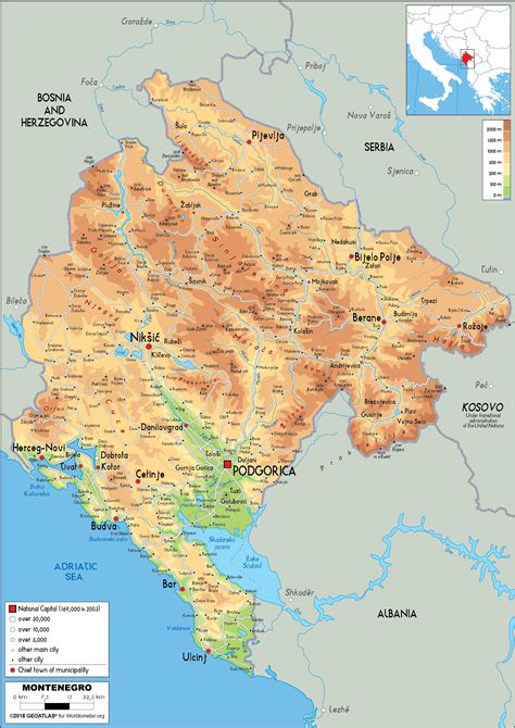 Large size Physical Map of Montenegro - Worldometer