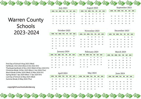 Warren County Schools Calendar with Holidays 2023-2024