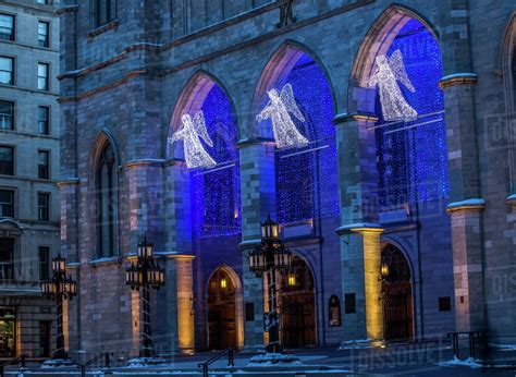 Christmas angels and blue lights at Notre Dame cathedral; Montreal ...