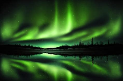 Premium Photo | Aurora sky reflected in water green northern lights nature landscapes