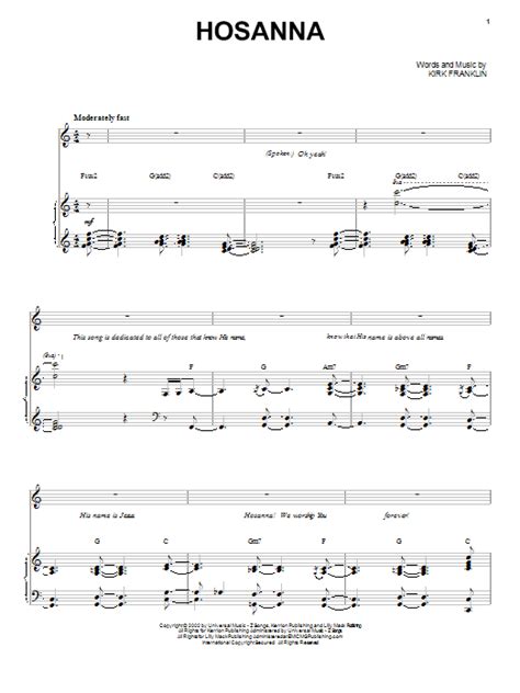 Hosanna by Kirk Franklin Sheet Music for Piano, Vocal & Guitar Chords ...