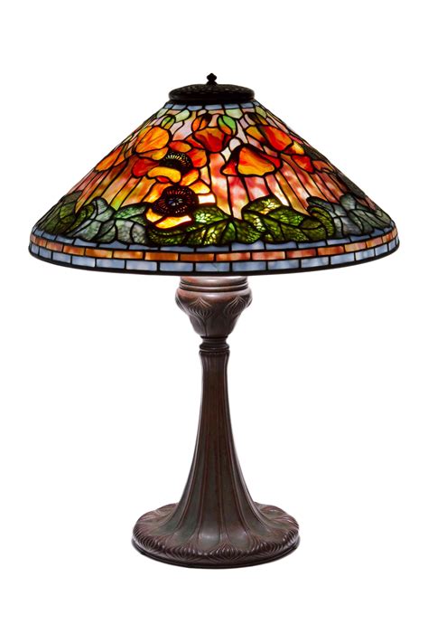 Sunset Poppy Table Lamp An American Art Nouveau patinated bronze leaded & stained glass sunset ...