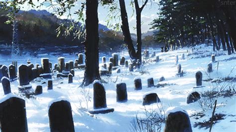a painting of a cemetery in winter with snow on the ground and lots of ...