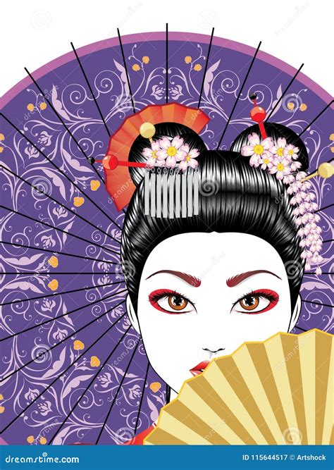 Geisha with Fan stock vector. Illustration of kimono - 115644517