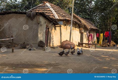 Indian Rural Village with Mud Houses Ducks and a Tribal Woman Standing ...