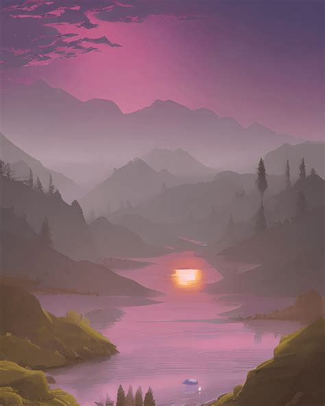 Digital Painting of River in Mountains Sunset · Creative Fabrica