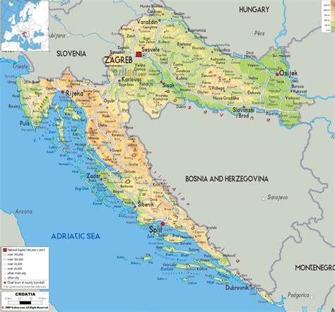 Mapa físico grande de Croacia con carreteras, ciudades y aeropuertos ...