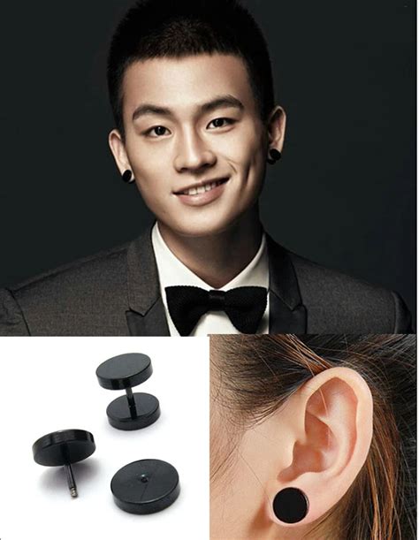 Punk Style 2pcs Medical Titanium Black Round Barbell Stud Earrings Men's Punk Jewelry Rock ...