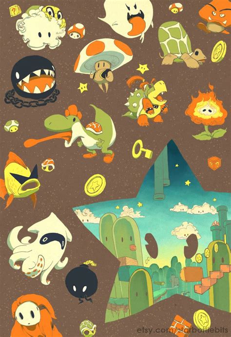 mario enemies cute illustration allies power star landscape retro ...