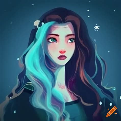 Fantasy girl with long hair by a moonlit lake on Craiyon