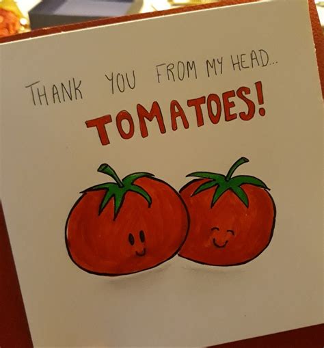 a card with two tomatoes on it says thank you from my head tomato's