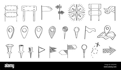 Map pins sign vector set. Hand drawn location icon in doodle syle. Sketch flag vector set ...