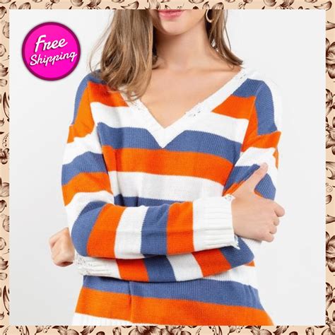 Distressed Three Tone Striped Sweater #bossdiva #justadded # ...