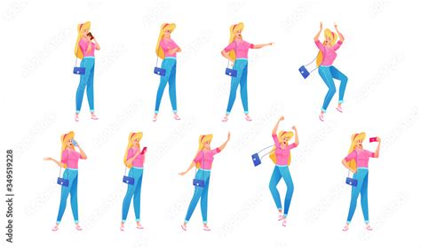 Vector cheerful young girl in jeans poses set Stock Vector | Adobe Stock