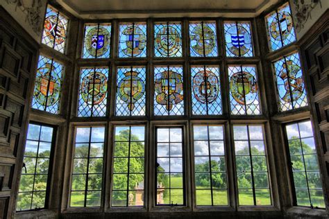File:Stained glass window, overlooking gardens of Montacute House ...