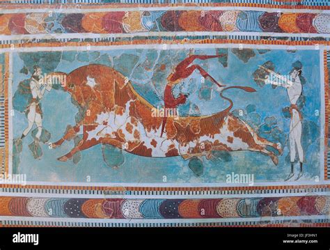 Bull-leaping fresco from Palace of Knossos (Knosos), Heraklion (Irakleio), Irakleio Region ...