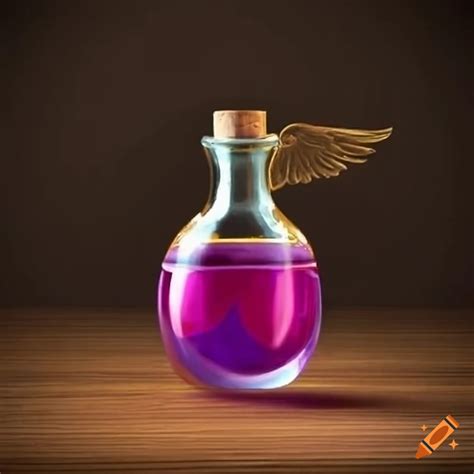 Potion with wings on a wooden desk on Craiyon
