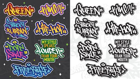 A set of colorful or vibrant graffiti art stickers. Street art theme, urban style for T-shirt ...