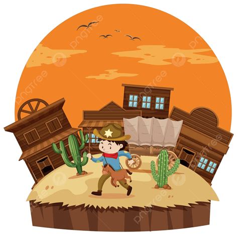 Cowboy In Western Town Illustration Outdoor Child Vector, Illustration, Outdoor, Child PNG and ...