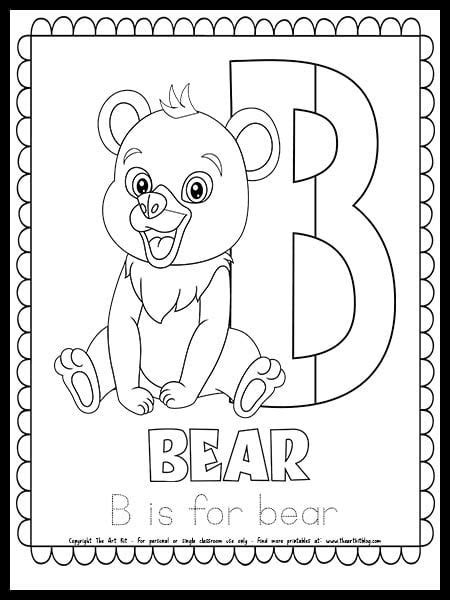 the letter b is for bear coloring page with an image of a bear sitting in front of