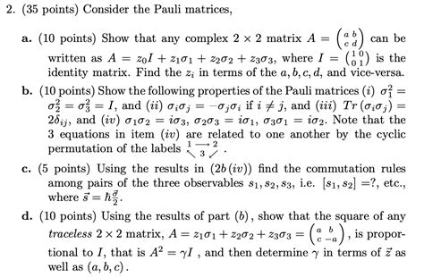 Solved The following Hermitian matrices are called the Pauli | Chegg.com