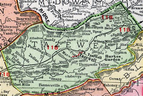 Tazewell County, Virginia, Map, 1911, Rand McNally, Graham, Burkes Gardens, Richlands