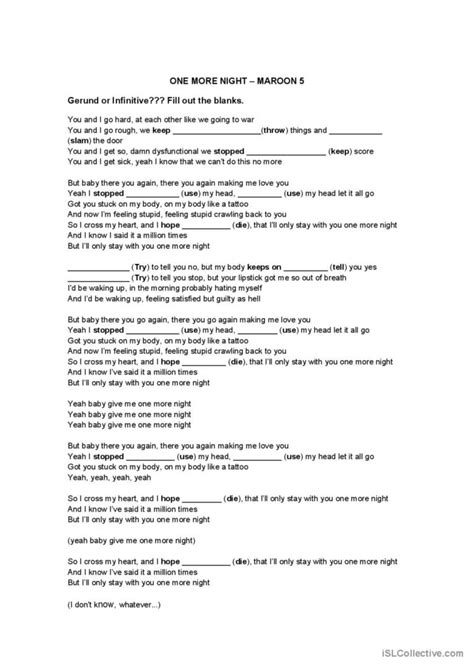 Maroon 5 - One more night: English ESL worksheets pdf & doc