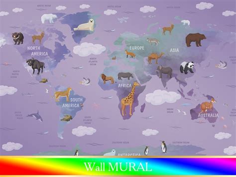 Animal Nursery World Map Wallpaper Watercolor World Map Wall Art, Map Kids With Animals Peel ...