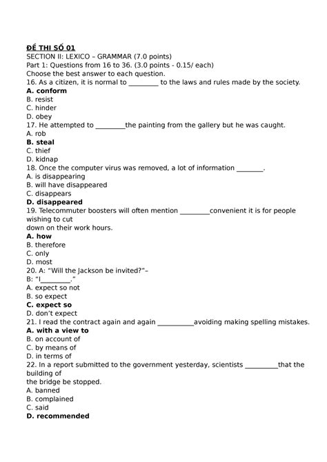 Practice test 6 - ĐỀ THI SỐ 01 SECTION II: LEXICO – GRAMMAR (7 points) Part 1: Questions from 16 ...