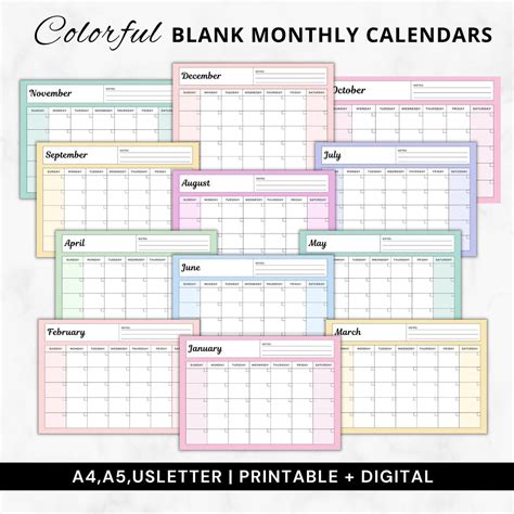 Blank Monthly Calendar With Notes Pdf,colorful Monthly Planner Digital ...